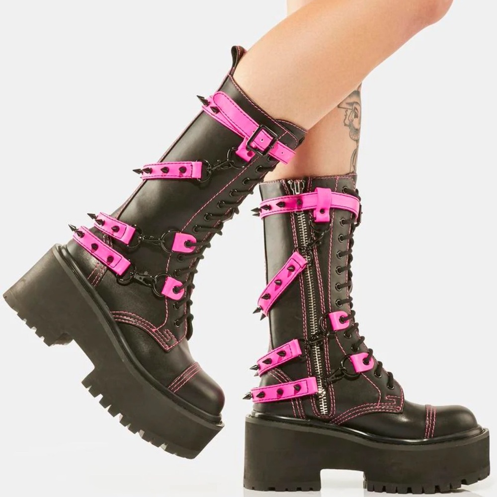 Dolls Kill Black and Pink Combat Boots - Picture 2 of 8